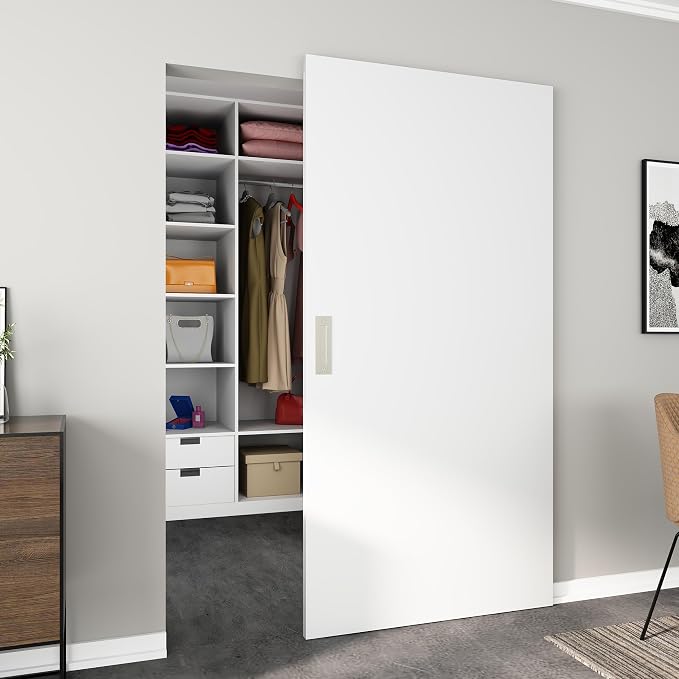 JUBEST 42"x84" Flush Solid Core White Primed Concealed Sliding Hidden Barn Door with Soft Close Installation Hardware and Double Sided Pulls Included