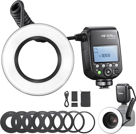GODOX Macro Ring Flash for Sony MF-R76S TTL/M Mode CCT 5900K 76Ws 2.4G Wireless Control 550 Full-Power Flashes 0.1-1s Recycle Time Dual-Flash Tubes with LCD Screen for Inscet Plant Jewelry Shooting