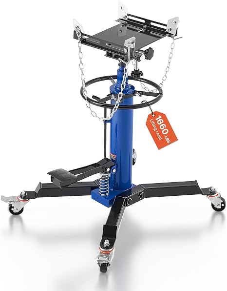 VEVOR Hydraulic Transmission Jack, 1660 lbs Capacity Hydraulic Telescopic Transmission Jack, 34.6-69.3 in High Lifting Height, 2-Stage Floor Jack Stand with Foot Pedal, 360° Swivel Wheel, Blue