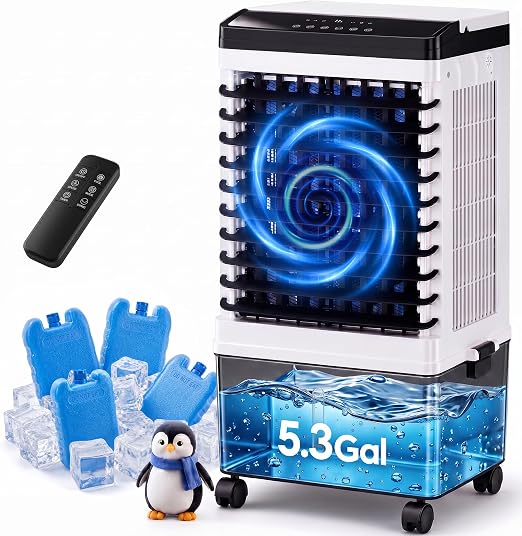 Swamp Cooler, 1800 CFM Windowless Portable Air Conditioner with 5.3 Gal Water Tank, 120° Swing, 12H Timer, 3-IN-1 Evaporative Air Cooler for 600 Sq.ft, Cooling Fan, AC Unit for Room, Office, Bedroom