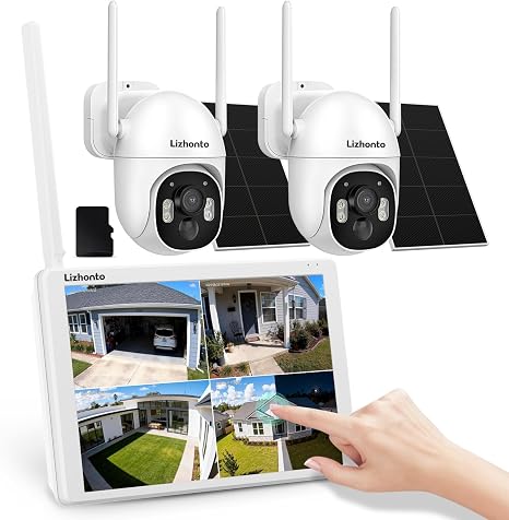 4MP Solar Wireless Security Cameras with Touch Monitor, 2-Cam Kit