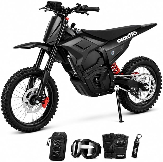 CEMOTO Electric Dirt Bike for Teens Adults - 3000W 40 Mph Motor,53 Miles Range 48V 23AH Battery,14"/12" Tires Dual Disc Braking & Full Suspension Electric Motorcycle (#01 D02-Black)