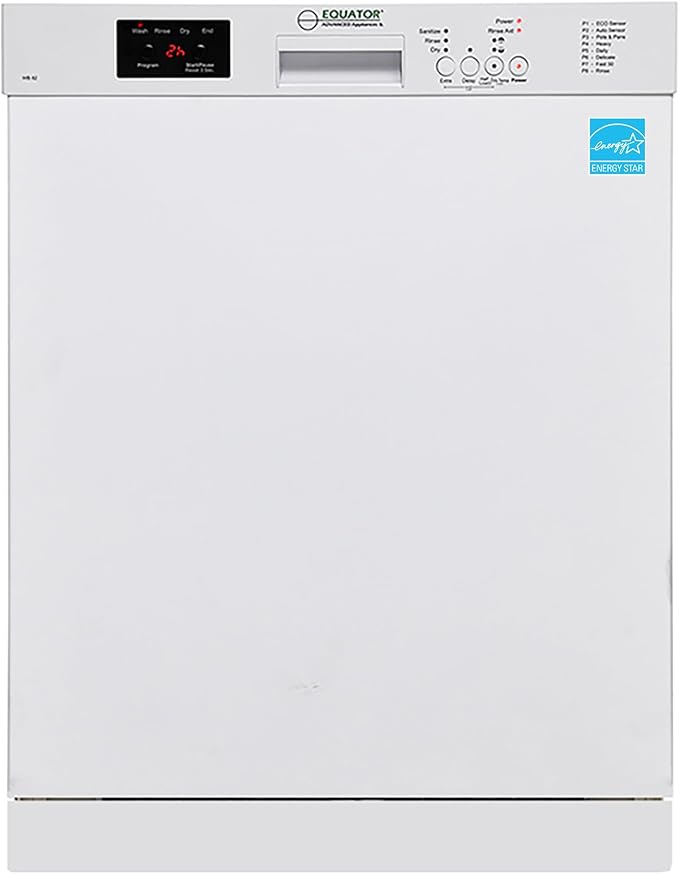Equator 24-Inch Built-In Dishwasher, ADA Compliant Energy Star Stainless Steel Tub 14 Place Settings, 51 dB Quiet Operation, 8 Wash Programs, Wine Rack & 150°F Sanitize Cycle - White