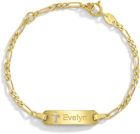 In Season Jewelry 14k Yellow Gold Tag ID Cross Cut Out Bracelets for Girls