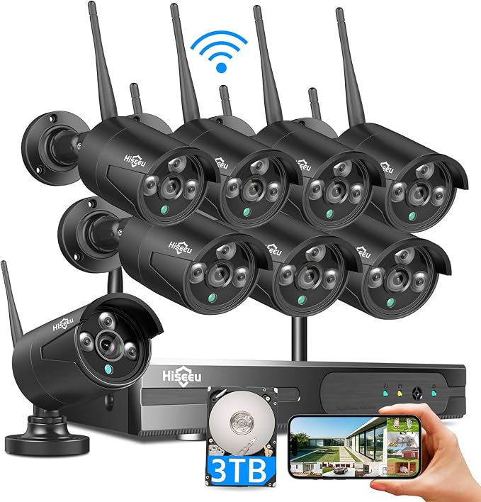 Hiseeu Wireless Security Camera System, Plug-in Home Security Camera | 8-Cam Kit, Motion Detection, IP66, 3TB HDD, No Monthly Fees