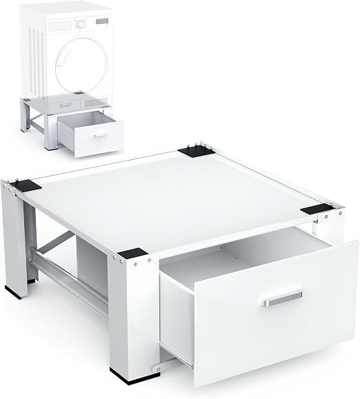 SKM Washer and Dryer Pedestal with Solid Top and Drawer, 28x28x14 in, White