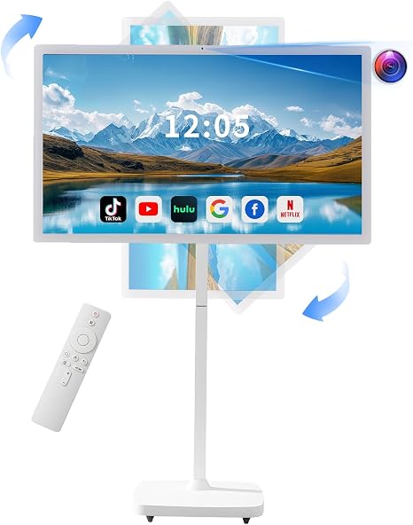 32 Inch Smart Portable TV on Wheels,FHD Touch-Screen-Monitor,Wireless RollableTV, 8G RAM,128G Storage,Built-in 6-8H Battery,Android 14,Full Swivel Rotation,Remote Control (White)