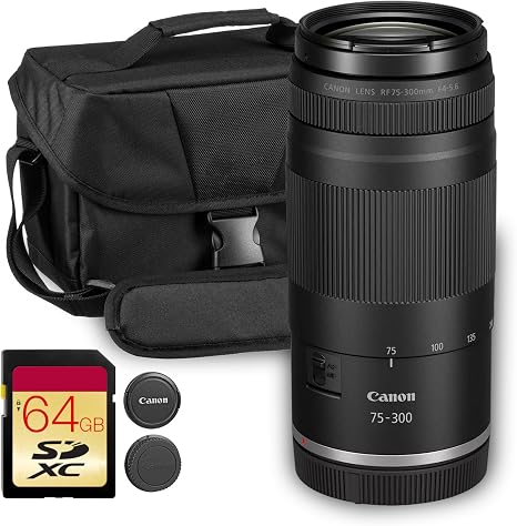 Canon RF 75-300mm f/4-5.6 Compact Telephoto Zoom Lens (7155C002) Bundle | For Sports, Wildlife, Travel & Everyday Photography | Smooth Autofocus + 64GB Memory Card + Camera Bag