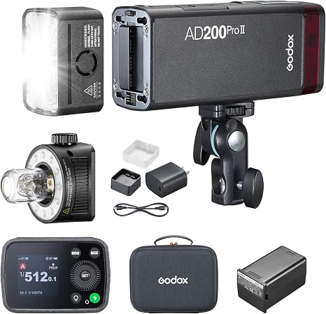 Godox AD200Pro II 200ws TTL Pocket Flash, Multi-Head System, Improved Heat Dissipation, 0.01-1.8s Recycling 1/512-1/1 Output 500 Full Power Flashes, Bi-Color Modeling Light, Color Screen & Indicator