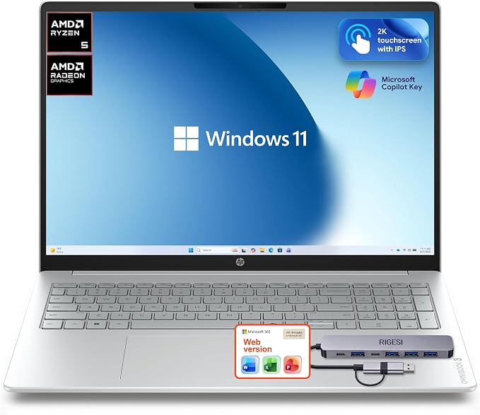 HP OmniBook 3 Flagship 16" 2K Touchscreen Laptop Bundle with Docking Station, AMD Ryzen 5 Processor, 16GB RAM, 256GB PCIe SSD, IPS Display, WiFi 6, AI Copilot, Windows 11, Glacier Silver