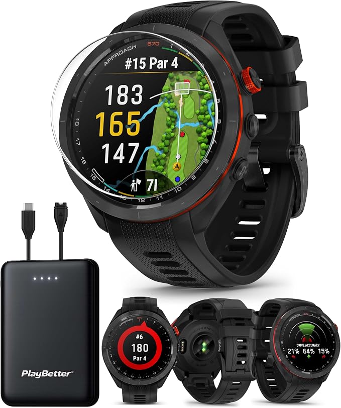 Garmin Approach S70 (Black, 47mm) Golf GPS Smartwatch PlayBetter Bundle | 1.4" AMOLED Touchscreen, 43K+ Courses, Virtual Caddie, Shot Tracking | Includes 5000mAH Portable Charger & Screen Protectors
