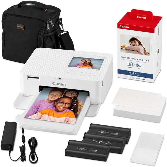 Canon SELPHY CP1500 Wireless Printer with KP-108IN Ink, Paper & Bag (White) | Complete Photo Printing Bundle with, Shoulder, Power Adapter, Cassette and AC Cable