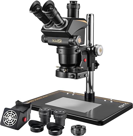 Trinocular Stereo Microscope, 6.8X-68X Zoom,WF10x23 Wide Field Eyepieces, | 144 LED Ring Light & Fume Extractor, 14.9" Heat-Resistant Mat for PCB Soldering Electronics Repair