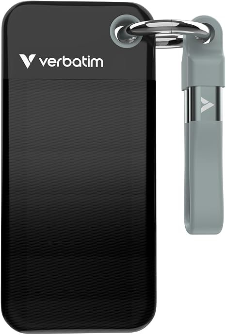 Verbatim Pocket 1TB External SSD USB 3.2 Gen 2 Up to 1000MB/s Portable External Solid State Drive with Convenient Keyring and Cable Holder, Compatible with PC, Mac, PS5, Xbox, iPhone