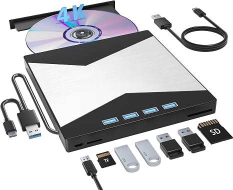 4K External Blu Ray Drive, USB 3.0 & 4 USB Ports 3D Blu Ray Drive