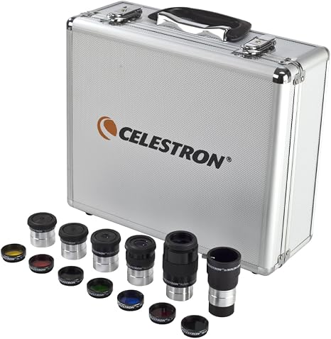 Celestron Eyepiece, Barlow & Filter Telescope Accessory Kit – 1.25" Barrel | 14 Essential Telescope Accessories, 5 Plossl Eyepieces, 2x Barlow, 7 Colored & Moon Filters, Includes Premium Metal Case
