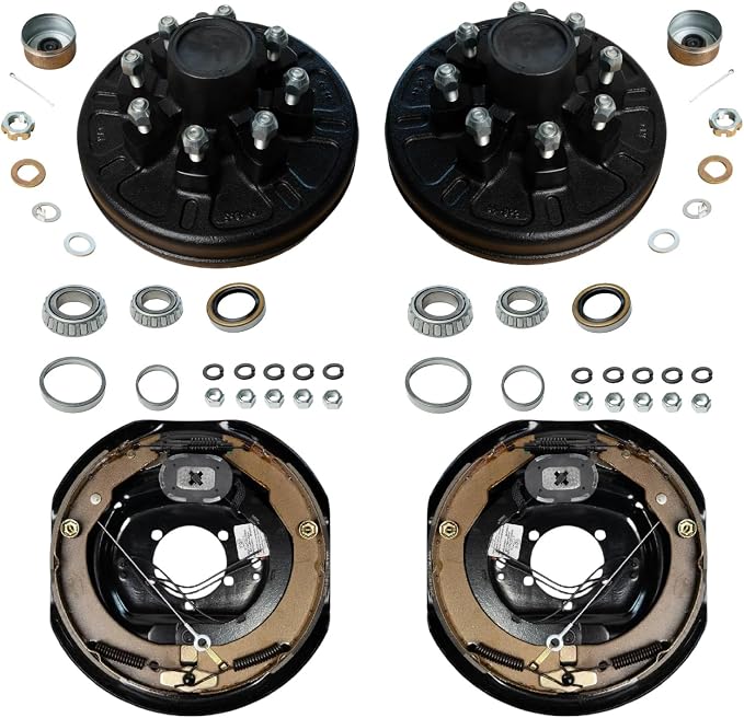 7,000 lb Brake & Drum Kit – 12"x2" Self-Adjusting Electric Brakes (1 Pair) + 8 on 6.5" Drums with 9/16" Studs, Pre-Greased Bearings, Dust Caps & Full Hardware, Black Coated