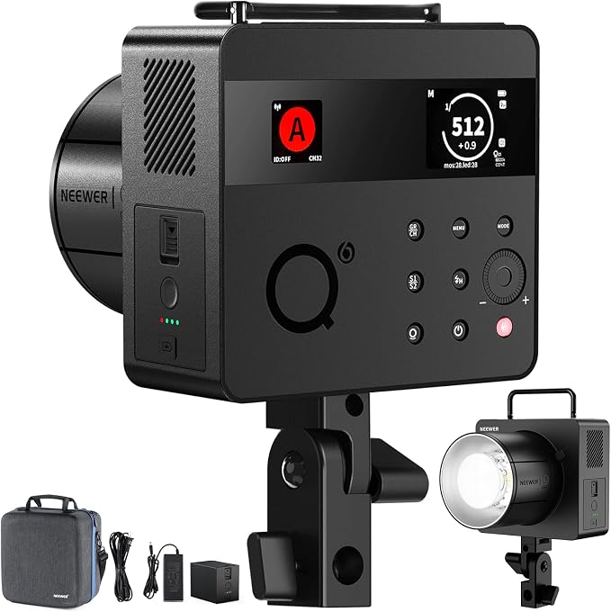 NEEWER Q6 600Ws 2.4G TTL Outdoor Studio Flash App Control, Compatible with Godox, 1/1-1/512, 1/8000 HSS 3000mAh Strobe Light, 30W Bi Color LED Modeling Lamp/400 Full Power Flash/0.01-0.9s Recycle