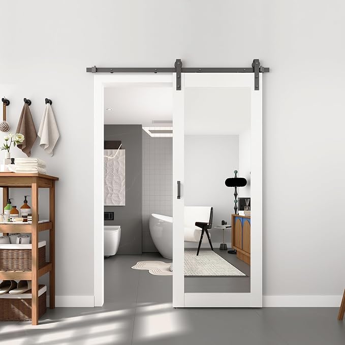 BARNSMITH 30in x 80in Mirror Barn Door with 5FT Sliding Door Hardware Kit Included, 1 Lites Full Length, Solid Wood Water-Proof PVC Surface,No Assembly Required,White