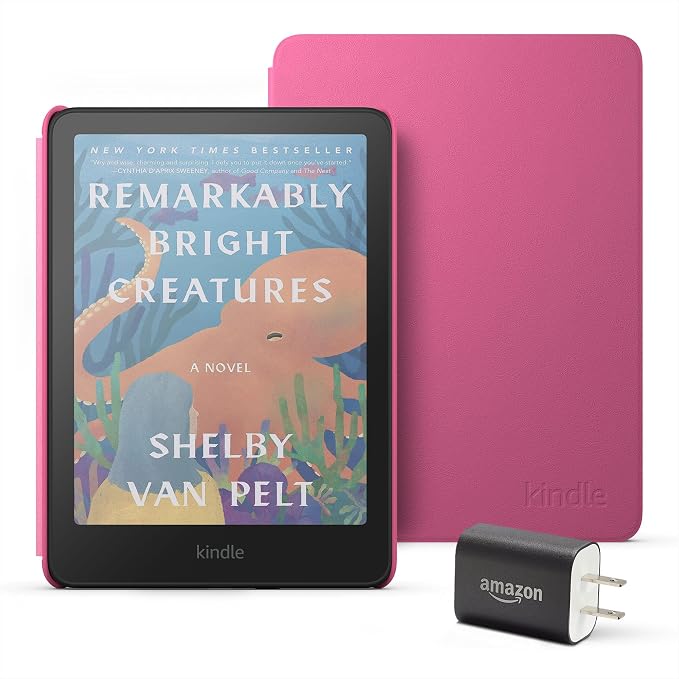 Amazon Kindle Colorsoft Essentials Bundle including Kindle Colorsoft (16 GB) – With color display - Black, Plant-Based Leather Cover-Raspberry and Power Adapter