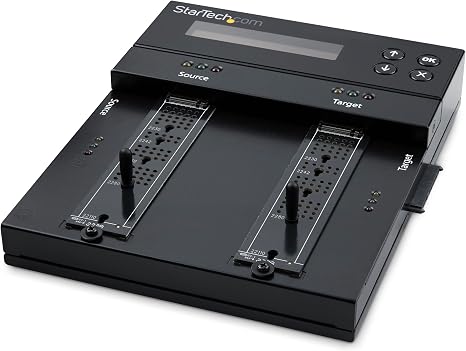 StarTech Dual-Bay M.2 SATA/NVMe and 2.5/3.5in SATA Duplicator, 7.5GBpm, OSD | 1-to-1, B+M-Key, NIST 800-88, DoD 5220.22-M, Crypto erase, HPA modes, Hard drive sanitizer, Toolless