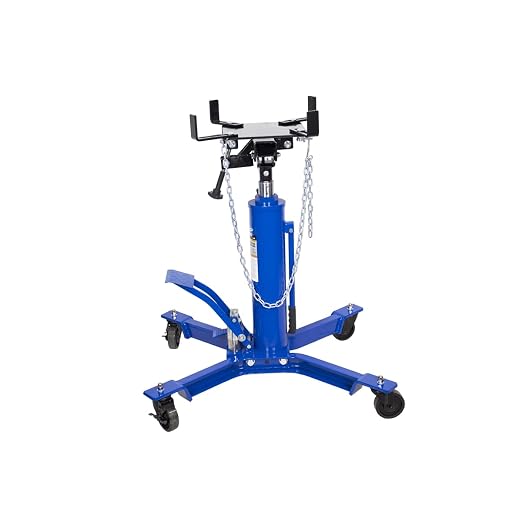 K Tool International XD63505 1,000 lbs. Two Stage Under Hoist Transmission Jack for Garages, Repair Shops and DIY, Height 37" to 76.4", Overload Valve, 2 Angle Adjustments, 4" Swivel Casters, Blue
