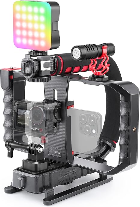 Zeadio Smartphone Camera Stabilizer, All-in-One Video Rig Kit with Phone Cage, RGB Video Light, Microphone, Action Camera Adapter, Compatible with Smartphones, Action Camera, DSLR, Cameras etc