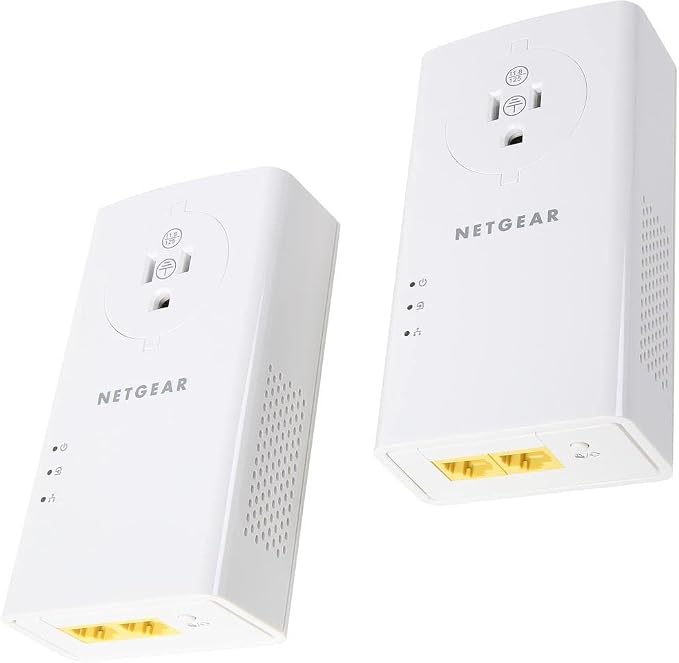 NETGEAR Powerline Adapter Kit, 2000 Mbps Wall-Plug, 2 Gigabit Ethernet Ports with Passthrough + Extra Outlet (PLP2000-100PAS), uses Your existing Internet Service via Household Wiring