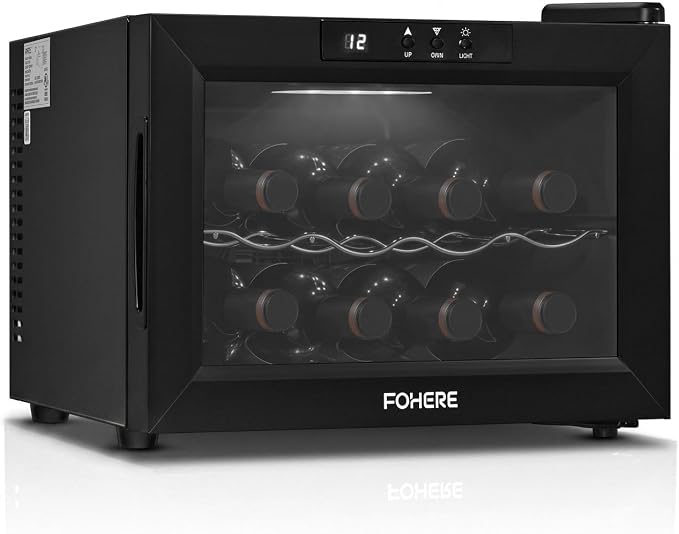 FOHERE 8 Bottles Countertop Wine Fridge, Small Wine Fridge with Double Glass Doors, LED Light, Digital Temperature Control, Wine Cellar for Bar, Home, Office