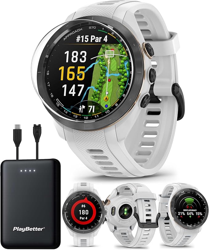 Garmin Approach S70 (White, 42mm) Golf GPS Watch Bundle - AMOLED Display, Virtual Caddie & PlaysLike Distance - Includes PlayBetter 5000mAH Portable Charger & Screen Protectors (Renewed)