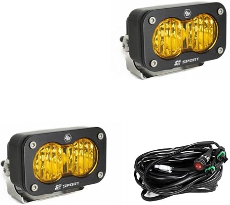 Baja Designs S2 Sport Black LED Light Pod Pair - 2PCS LED with Wiring Harness - Wide Cornering Beam, Baja Amber Lens