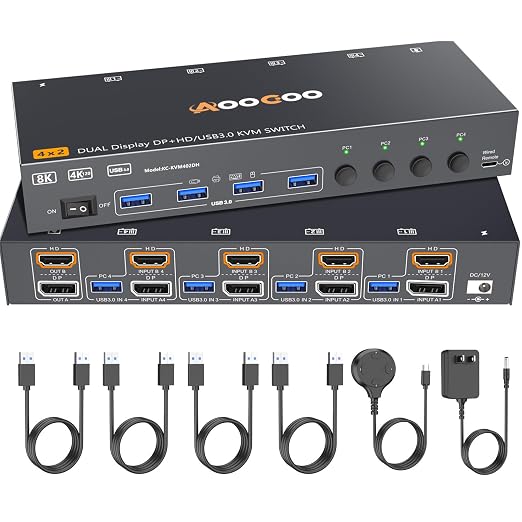 HDMI Displayport KVM Switch 4 Computers 2 Monitors, 8K@60Hz/4K@144Hz Dual Monitor KVM Switch for 4 PCs Share 2 Monitors, with 4 USB3.0 Ports, USB Cables and Power Adapter,Black 15cm HDMI DP KVM