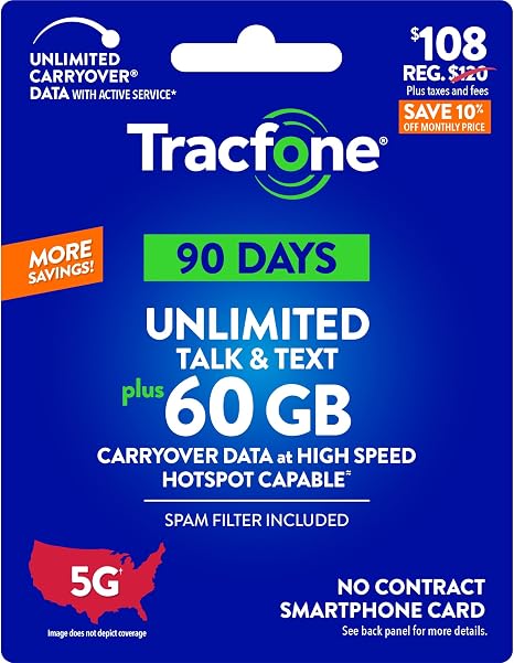 Tracfone $108 Unlimited Talk & Text, 60 GB of Data / 90 Days (Physical Card)