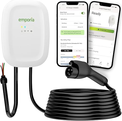 EMPORIA Level 2 EV Charger w/ J1772 Connector — 48 Amp, 240V WiFi Enabled Electric Vehicle Charging Station, 25ft Cable, Hardwired with Whip, White