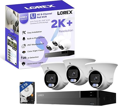 Lorex Connect (New App) | U-Series | 8Ch 4K NVR System | 3 Dome 2K+ Cameras | U20 PoE Cameras | No Cables | 2TB HDD | Listen-In Audio| Lights Deterrence| Color Night Vision | Smart AI Detections | IP67