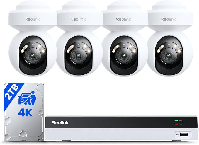REOLINK 8CH 4K Security Camera System with PT Auto-Tracking RLK8-800PT4 | 355°Pan 50°Tilt, 4pcs 4K PoE Cameras Wired Outdoor, 8CH White NVR with 2TB HDD, Smart Detection, Spotlights & 2-Way Talk