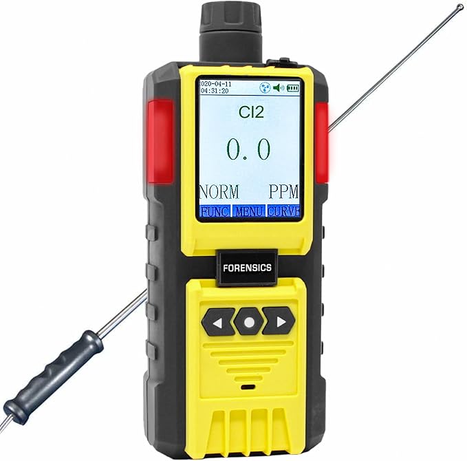 Chlorine Gas Analyzer (Cl2) by Forensics | USA NIST Calibration | Cl2 0-50 ppm | Built-in Pump & 4ft Probe |