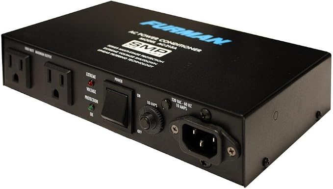 Furman AC-215A Compact Power Conditioner with Auto-Resetting Voltage Protection - Black | 10A power conditioner, 2 filtered outlets, SMP surge protection, LiFT filtration, auto-reset EVS