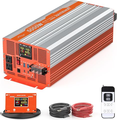 5000W Pure Sine Wave Inverter DC 48V to AC 120V Converter, Off-Grid Solar Power Inverters with Built-in 4 USB Ports, Hardwire Port, Remote Controller for Vehicles, Truck, RV, Home