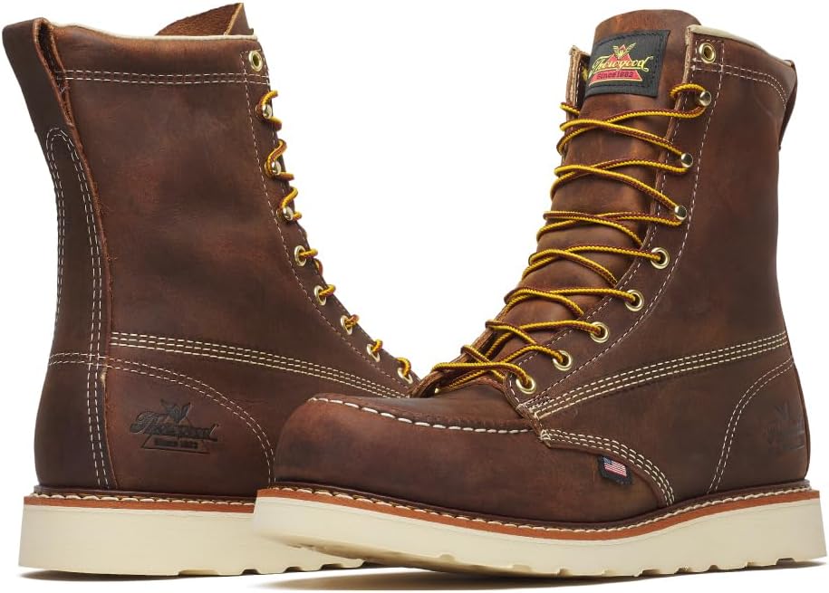 Thorogood American Heritage 8” Steel Toe Work Boots for Men - Full-Grain Leather with Moc Toe, Slip-Resistant Wedge Outsole, and Comfort Insole; EH Rated