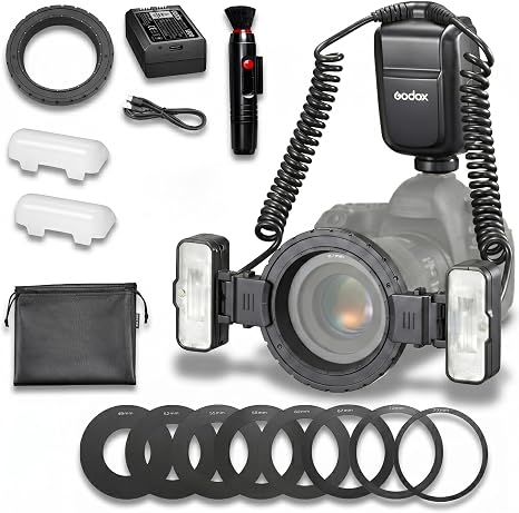Godox MF-T76C 76Ws TTL Macro Twin Flash for Canon Cameras with Dual Heads | 1.2s Recycle, 550 Full-Power Flashes, Type-C Charging, 1/256–1/1 Output, 0°–150° Adjustment, Adapter Rings and Modeling Lamps