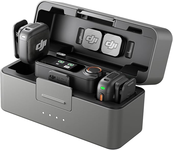 DJI Mic 3 (2 TX + 1 RX + Charging Case), Wireless Microphone | Mini Mic for iPhone/Camera/Android, Ultralight, Adaptive Gain Control, Dual Band Anti-Interference, 28h Use, Vlog