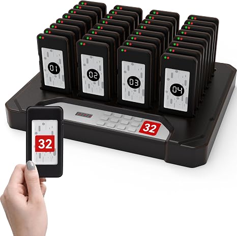 32 pc Lineup Waiting Queue Pagers for Restaurants Paging System Coast Buzzer Beep Buzzer Signal Calling Customer Service for Cuisine Hospital | Wide Signal Cover Restaurant Paging System, 6 Alert Mode Vibrate Flash Beep, LineupWaiting Food Court Beeper, R