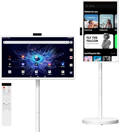 32 Inch Smart Portable TV, FHD Touch Screen Rolling Monitor on Wheels, Android 15 8GB +128GB, Wireless Tablet Display with Camera, 20W Speaker, EDLA-Certified 38,400 mAh Battery Voice Airmouse Remote