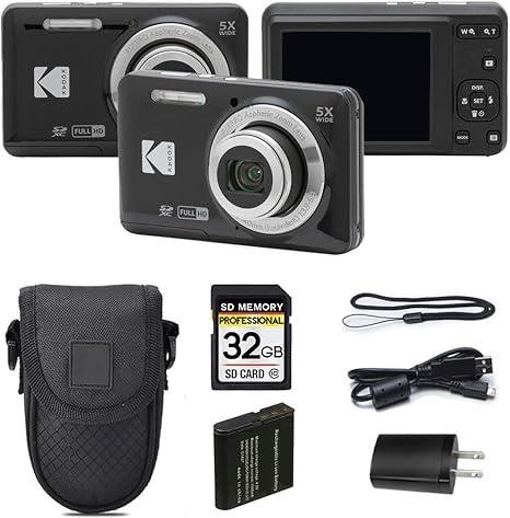 Kodak PIXPRO FZ55 Digital Camera Black | 16MP Compact Point & Shoot, 5X Optical Zoom, 28mm Wide Angle Lens, 1080P Full HD Video, Black + Camera Case & 32GB SD Card