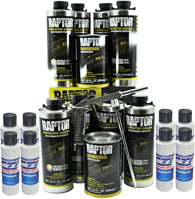 Raptor Truck Bed Liner Kit with Colored GM White Tint and Spray Gun - 8 Liters - Protective Spray On Paint for Coating Trucks, Tailgates, Vehicle Undercoating - Tintable Bedliner Formula