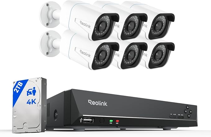 REOLINK 8CH 4K/8MP Security Camera System with 2TB HDD RLK8-800B6 | 6pcs H.265 Bullet Wired PoE Cameras Outdoor, Smart Person Vehicle Detection, 8CH NVR Recorder for 24-7 Recording