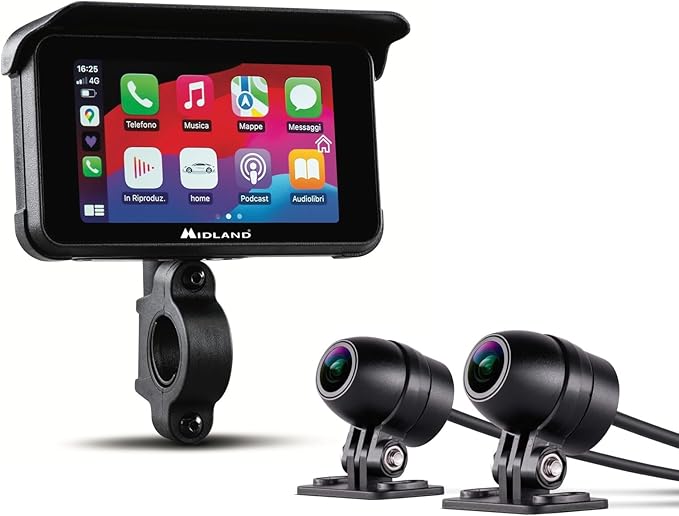 Midland BikePlay Guardian, Motorcycle Multimedia, CarPlay - with Touch Screen, 2 Cameras and 2 Tyre Pressure Sensors, C1636