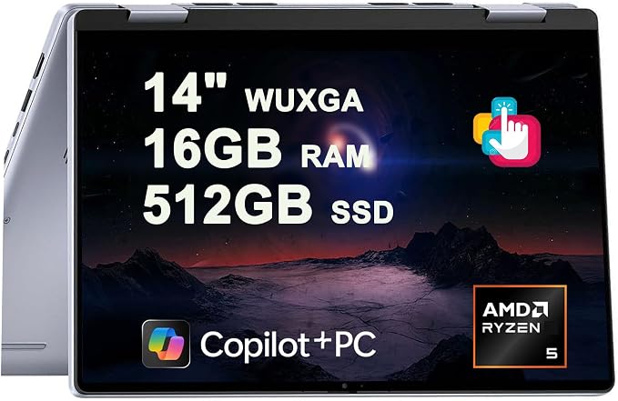 Dell Inspiron 14 7445 2-in-1 Laptop 14" WUXGA Comfortview Touchscreen AMD 6-core Ryzen 5 8640HS (>i7-1355U) 16GB DDR5 512GB SSD Backlit for Designer Business Professional Work Win11