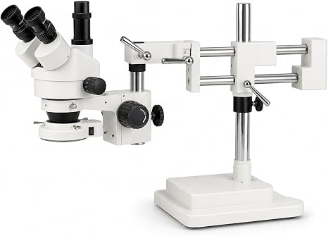 Trinocular Stereo Zoom Microscope 3.5X-90X, Dbl-Arm Boom | VS-5FZ-IFR07 — simul-focal head with a bright 144-LED ring light; 0.7-4.5X zoom range, heavy-duty reach and stability